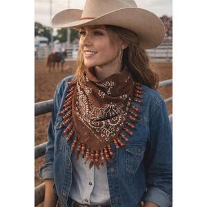 Vtg 80s Fast Color Brown Bandana Scarf Beaded Fringe Boho Western Upcycled
